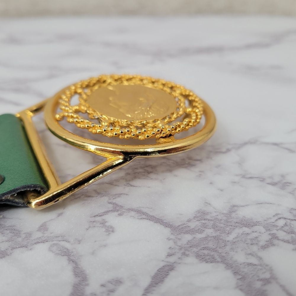 Vintage Green Leather Statement Belt with Gold Napoleon Coin Medallion - Picture 8 of 16